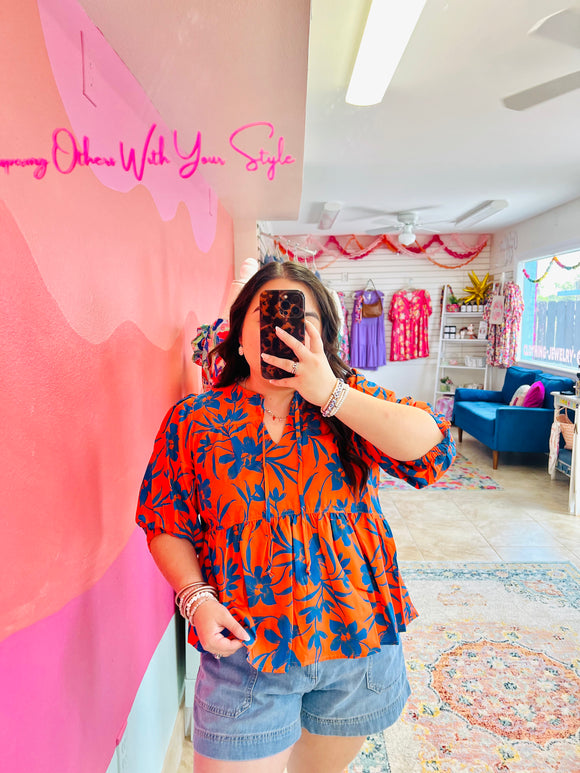 Orange Floral Print Top