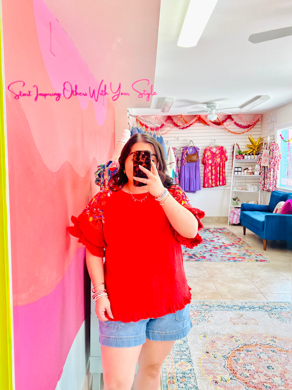 Cherry Red Embroidered Blouse (S-3X)
