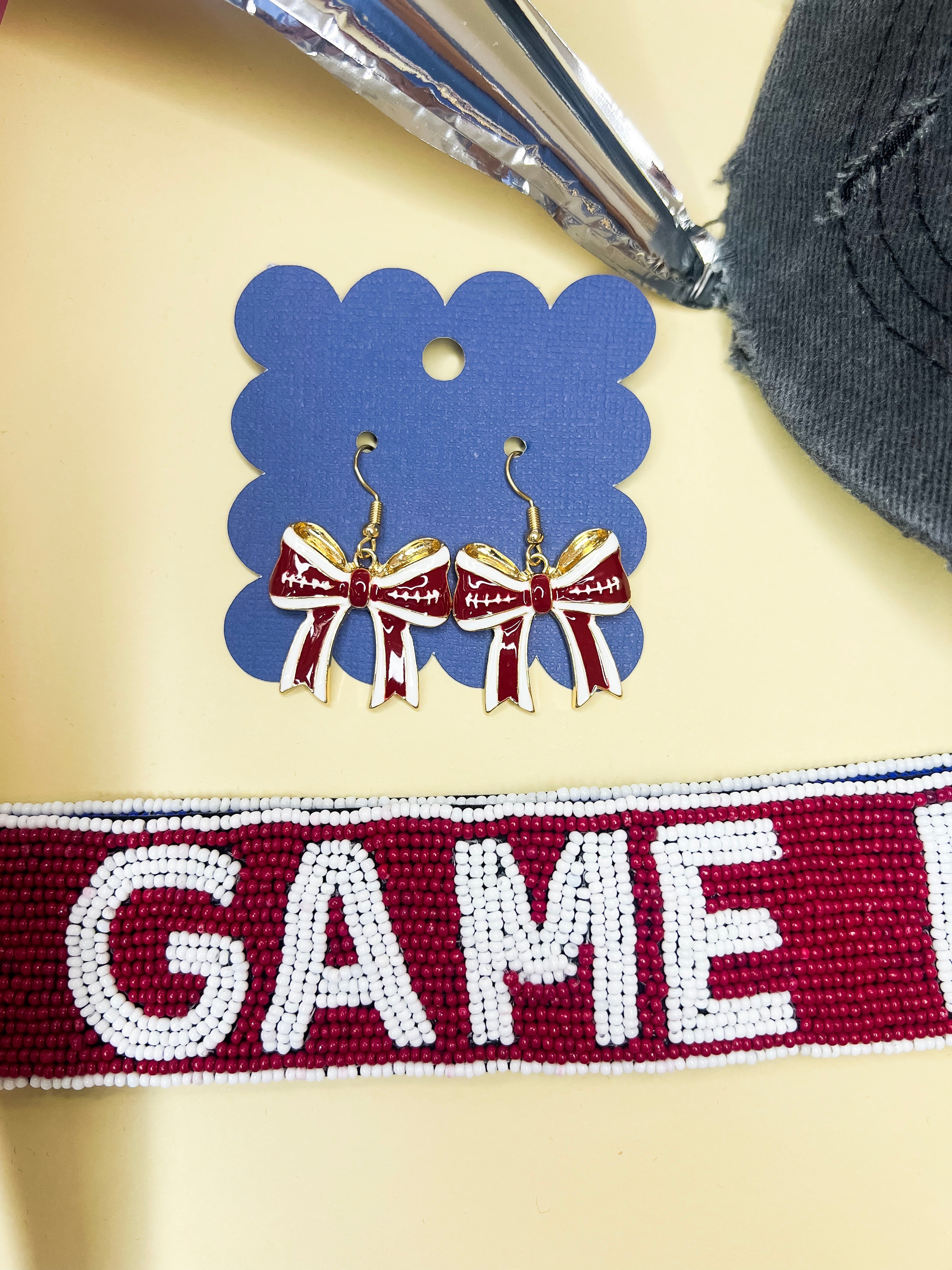 Maroon Football Bow Dangle Earrings