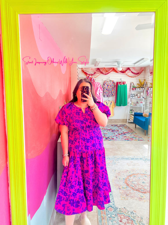 Magenta Floral Print Midi Dress