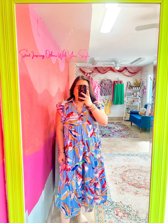Periwinkle Leaf Print Midi Dress (S-2X)