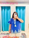 Paris Blue Embroidered Blouse (S-3X)
