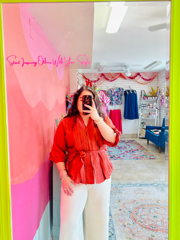 Rust Crinkled Collar Top