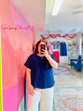 Navy Pleated Sleeve Blouse
