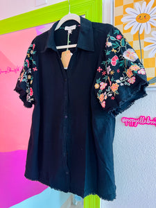 Black Linen Shirt with Embroidered Sleeves (XL-2X)