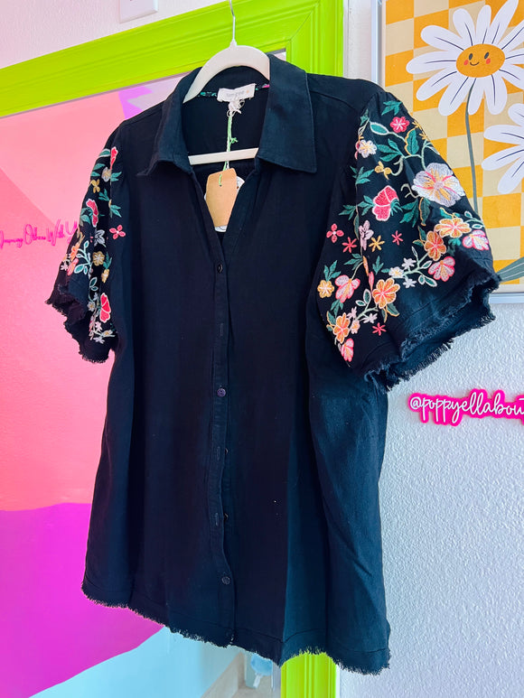 Black Linen Shirt with Embroidered Sleeves (XL-2X)