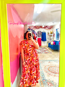 Pink Mix Flutter Sleeve Midi Dress