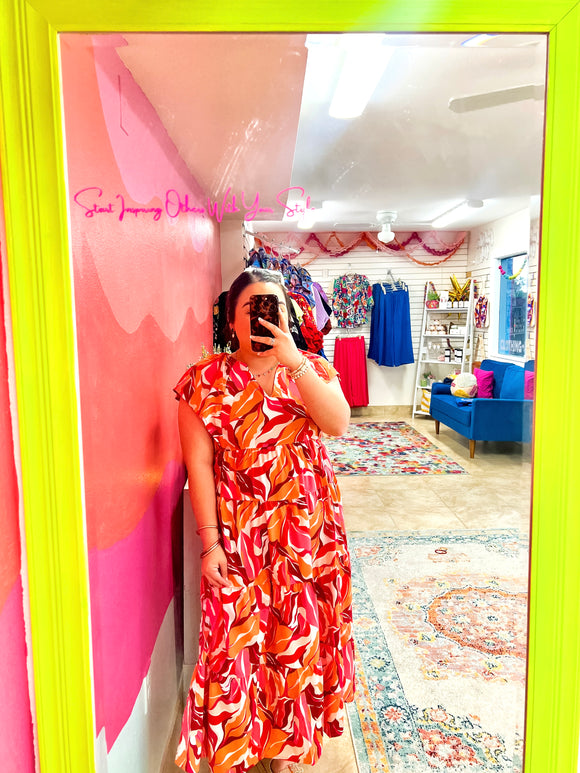 Pink Mix Flutter Sleeve Midi Dress