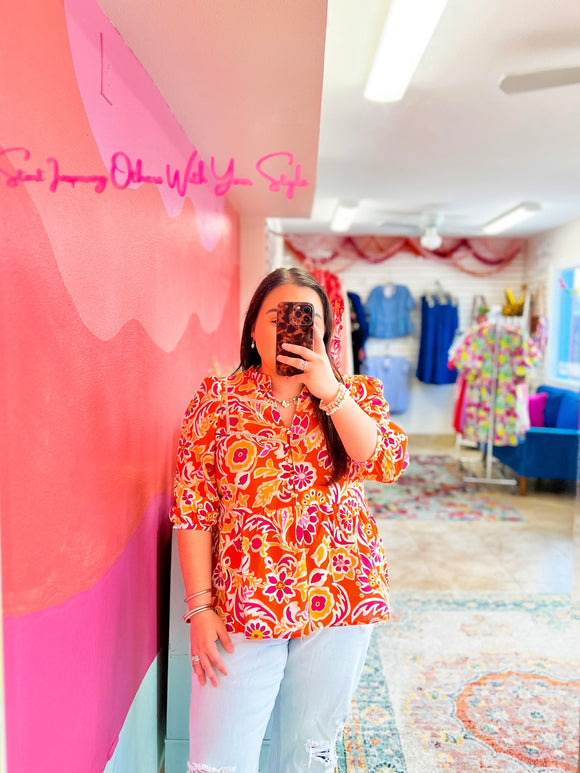 Orange + Fuchsia Print Top