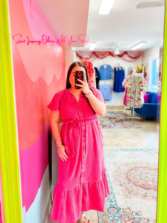 Hot Pink Button Down Midi Dress