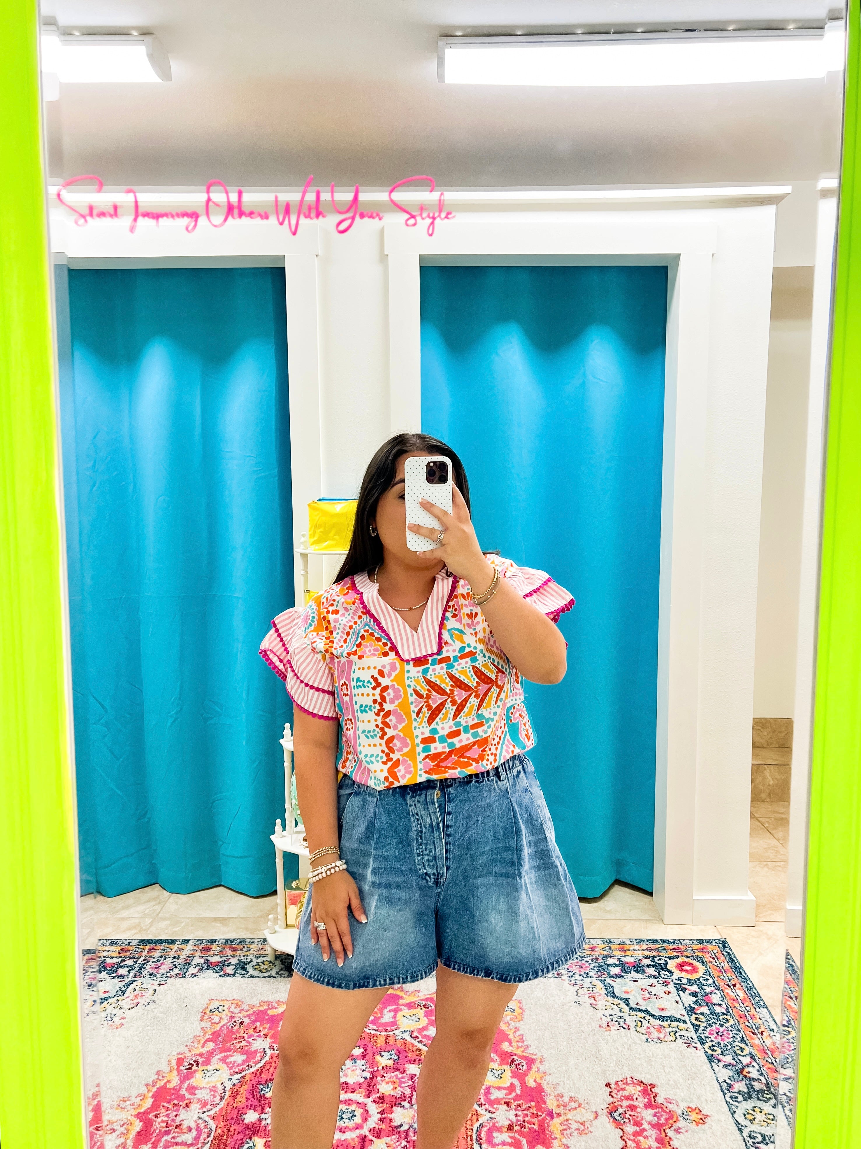 Patchwork Ruffled Sleeve Top (S-3X)