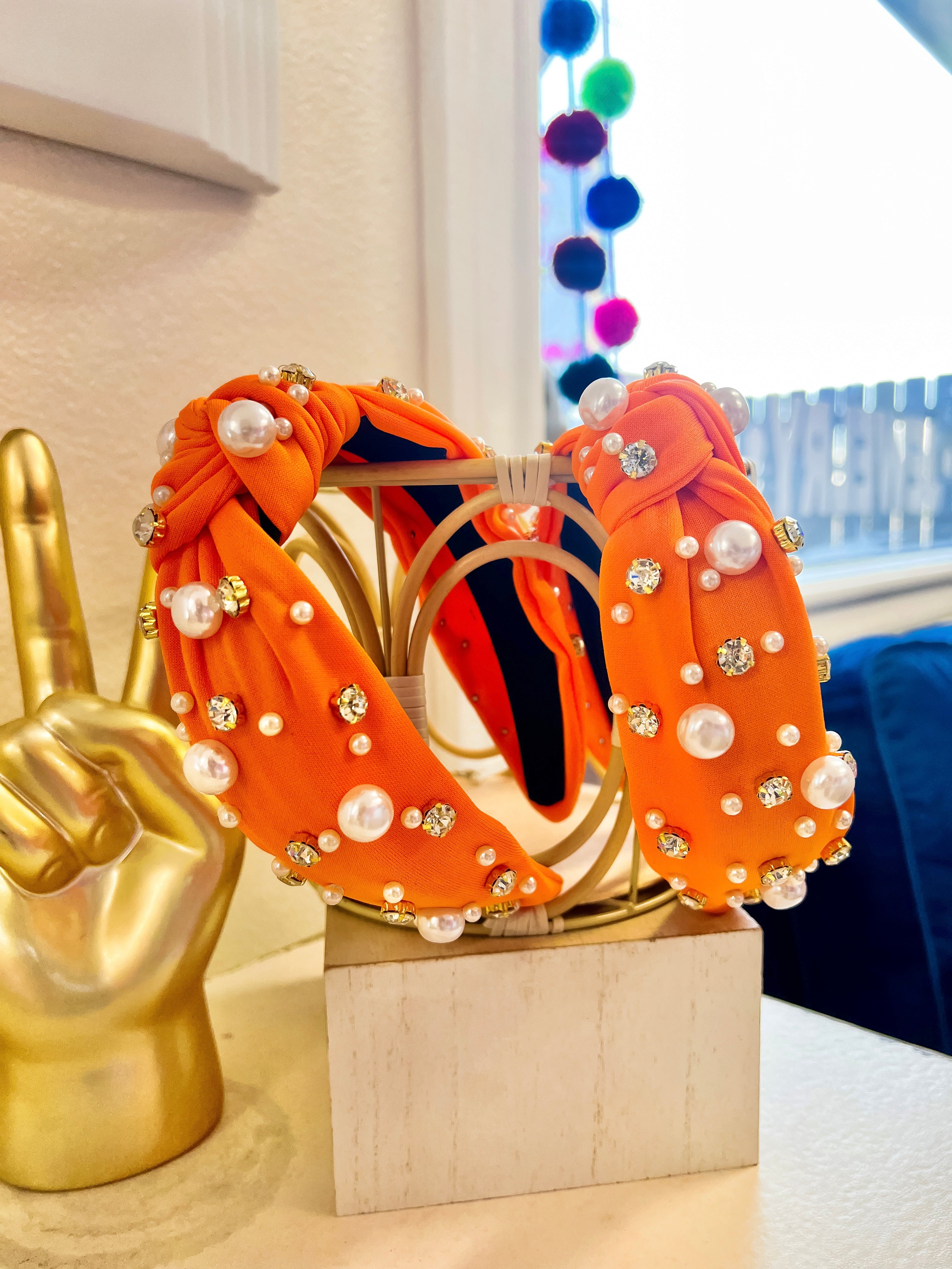 Orange Pearl + Rhinestone Headband