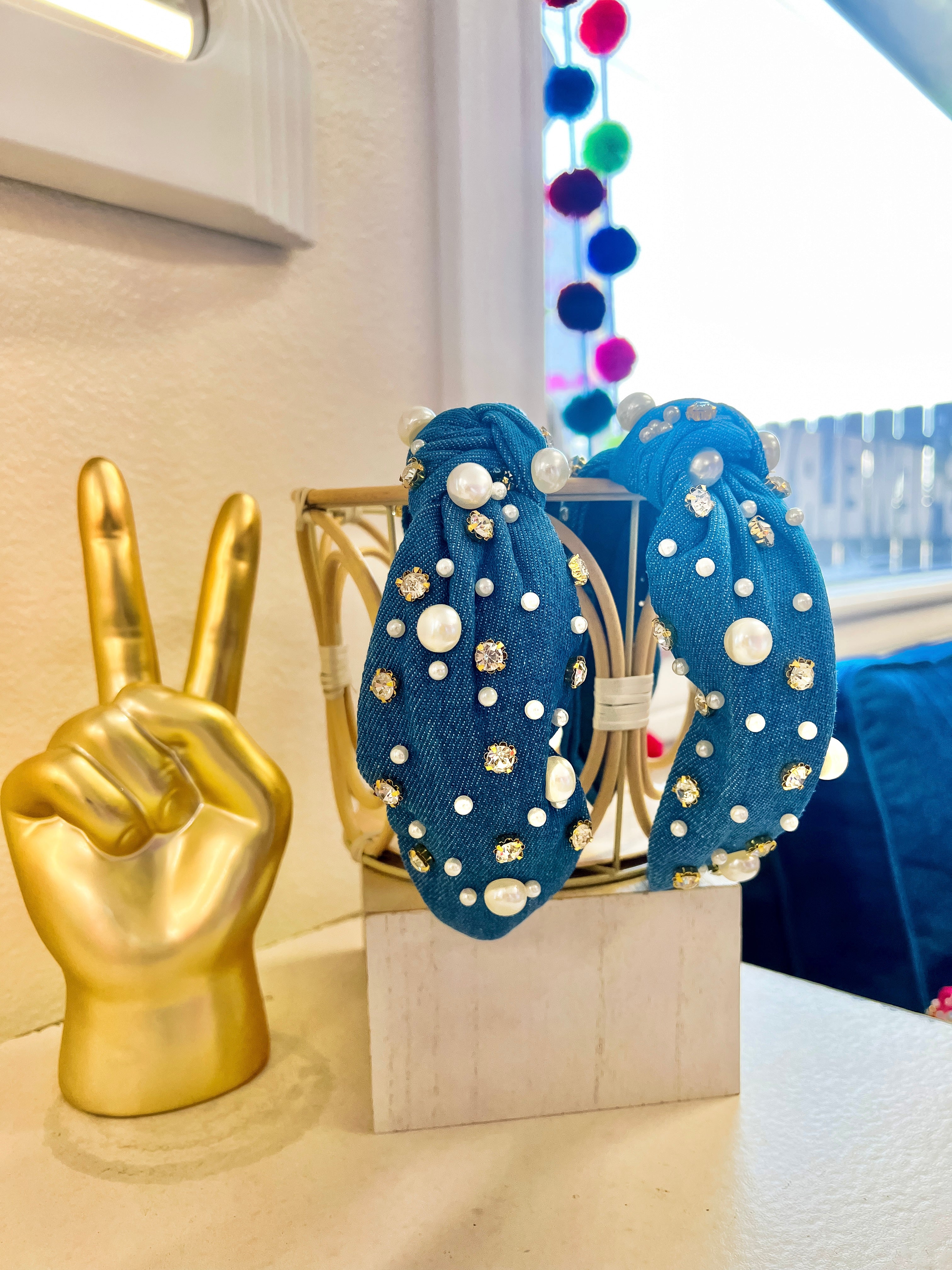 Denim Pearl + Rhinestone Headband