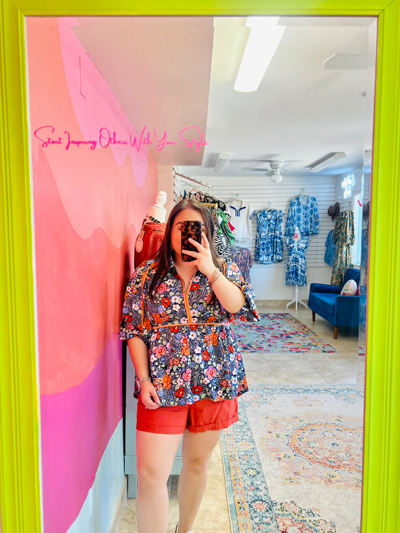 Navy Paisley Satin Tiered Top (S-L)