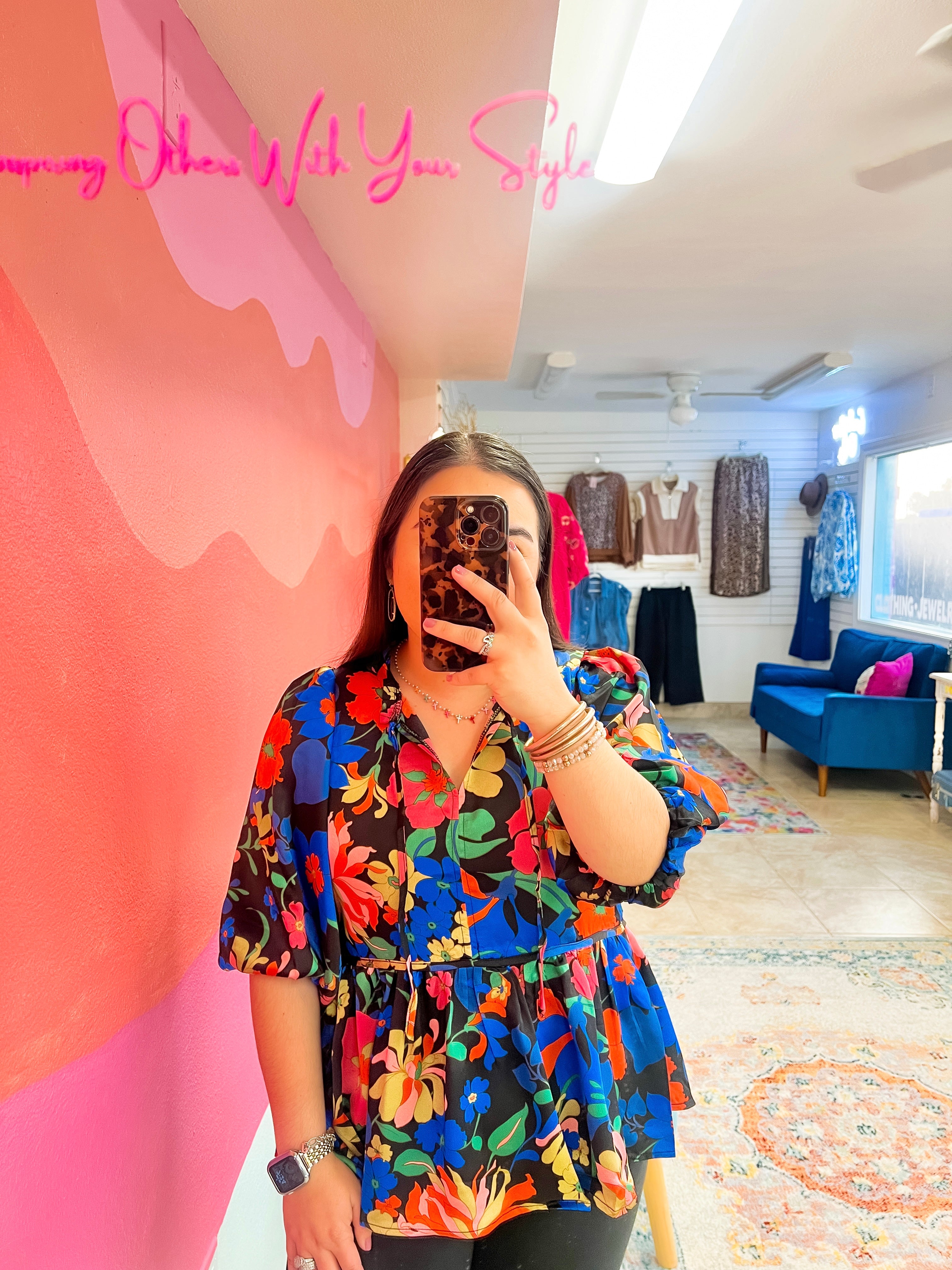 Black Satin Floral Babydoll Blouse