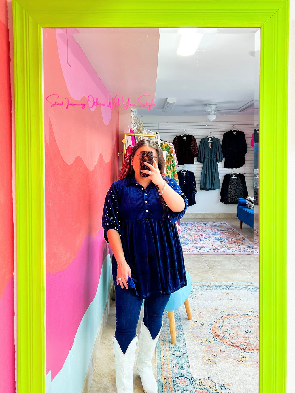 Navy Pearl Velvet Top