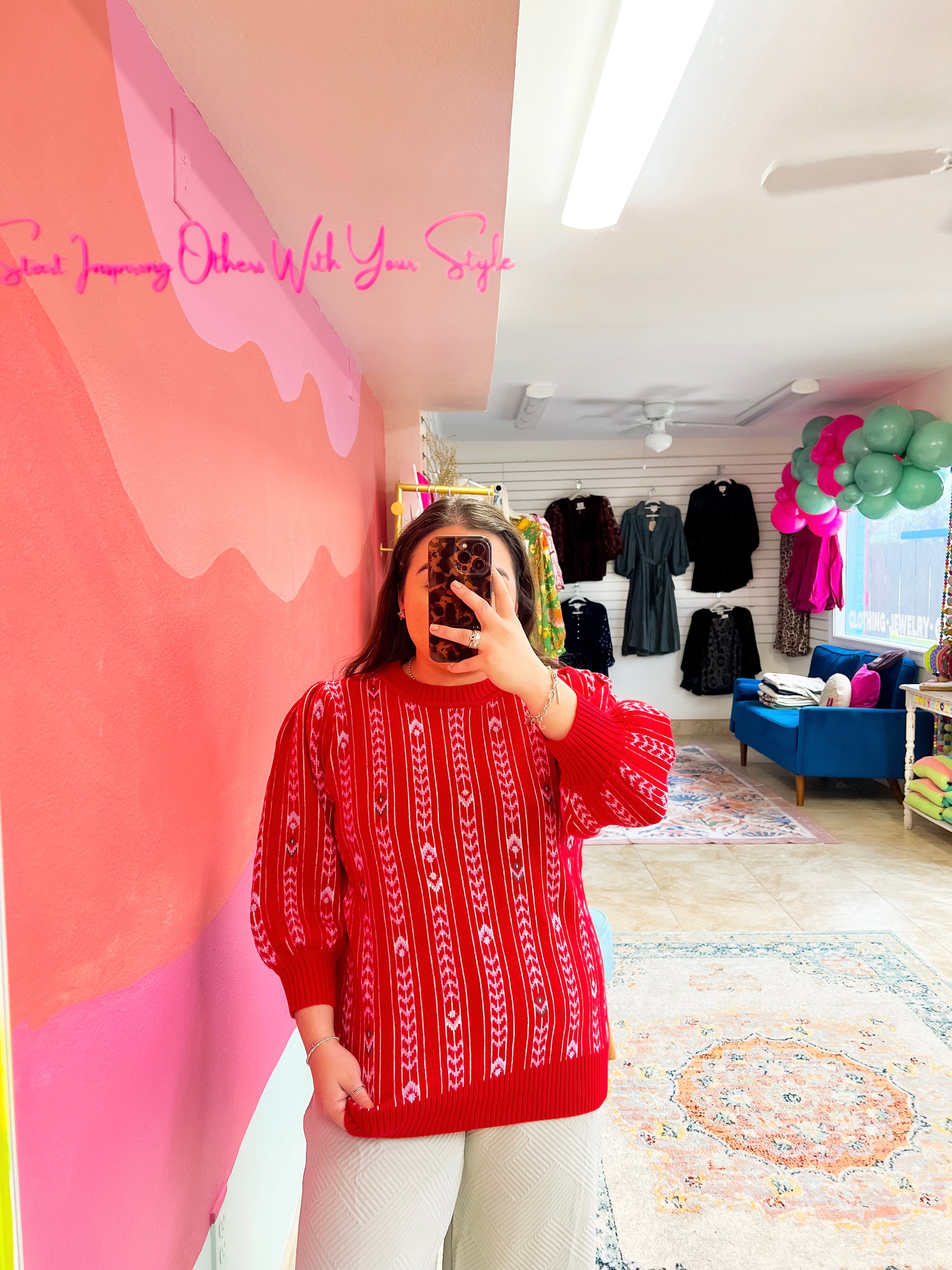 Red Jacquard Puff Sleeve Knit Sweater