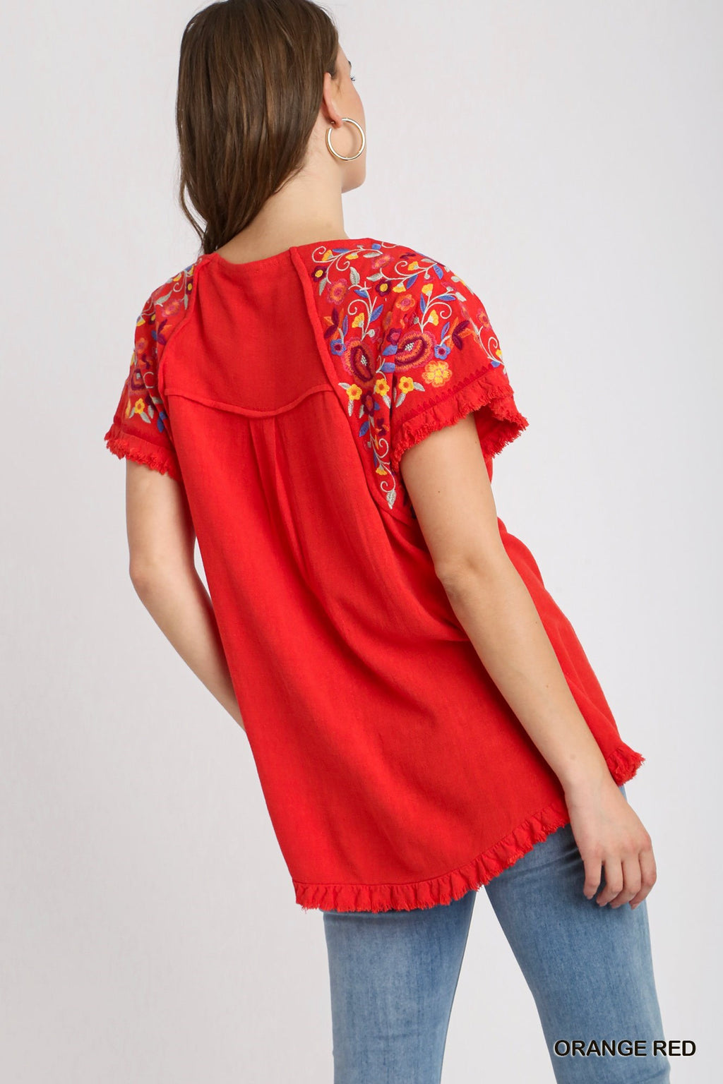 Cherry Red Embroidered Blouse (S-3X)