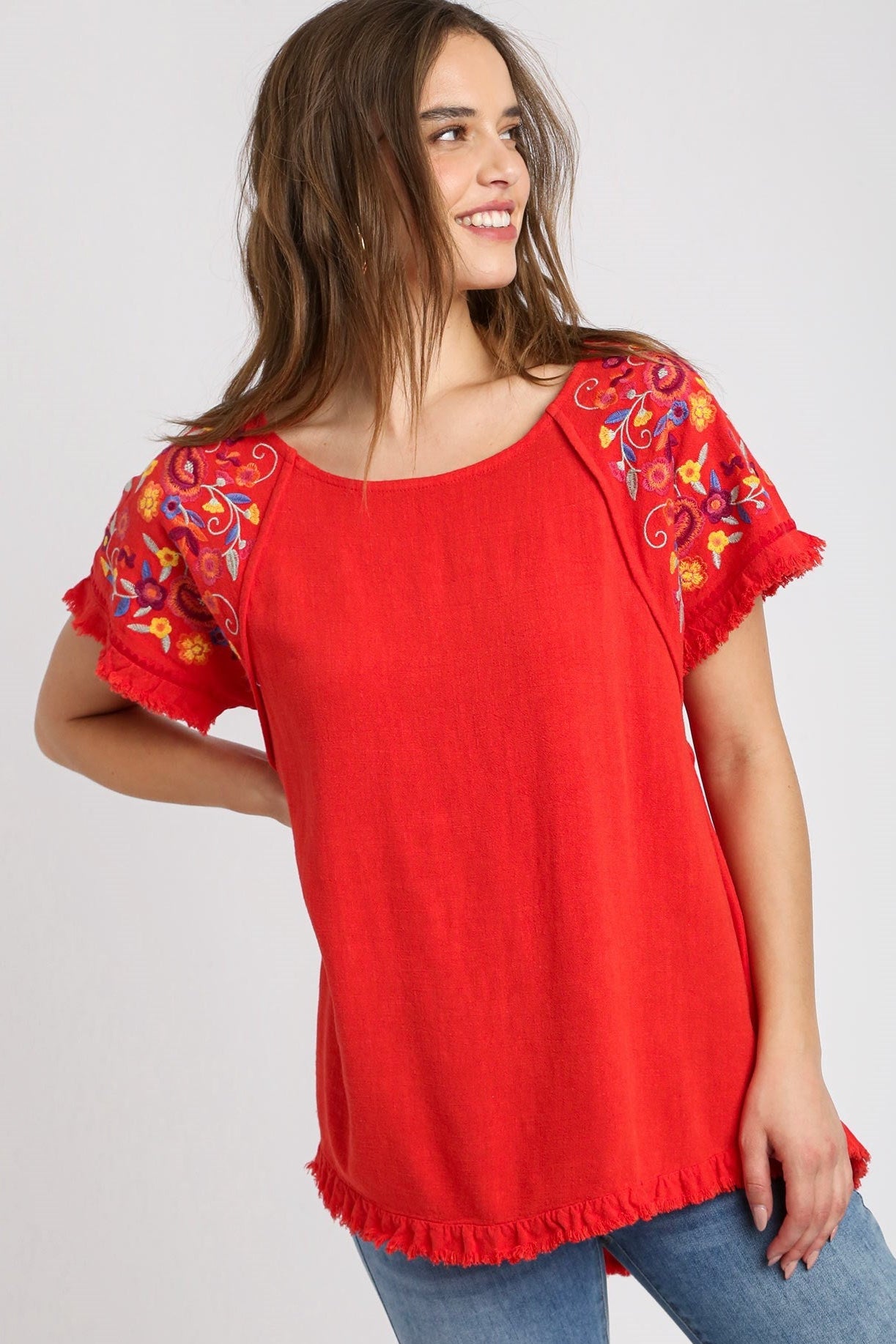 Cherry Red Embroidered Blouse (S-3X)