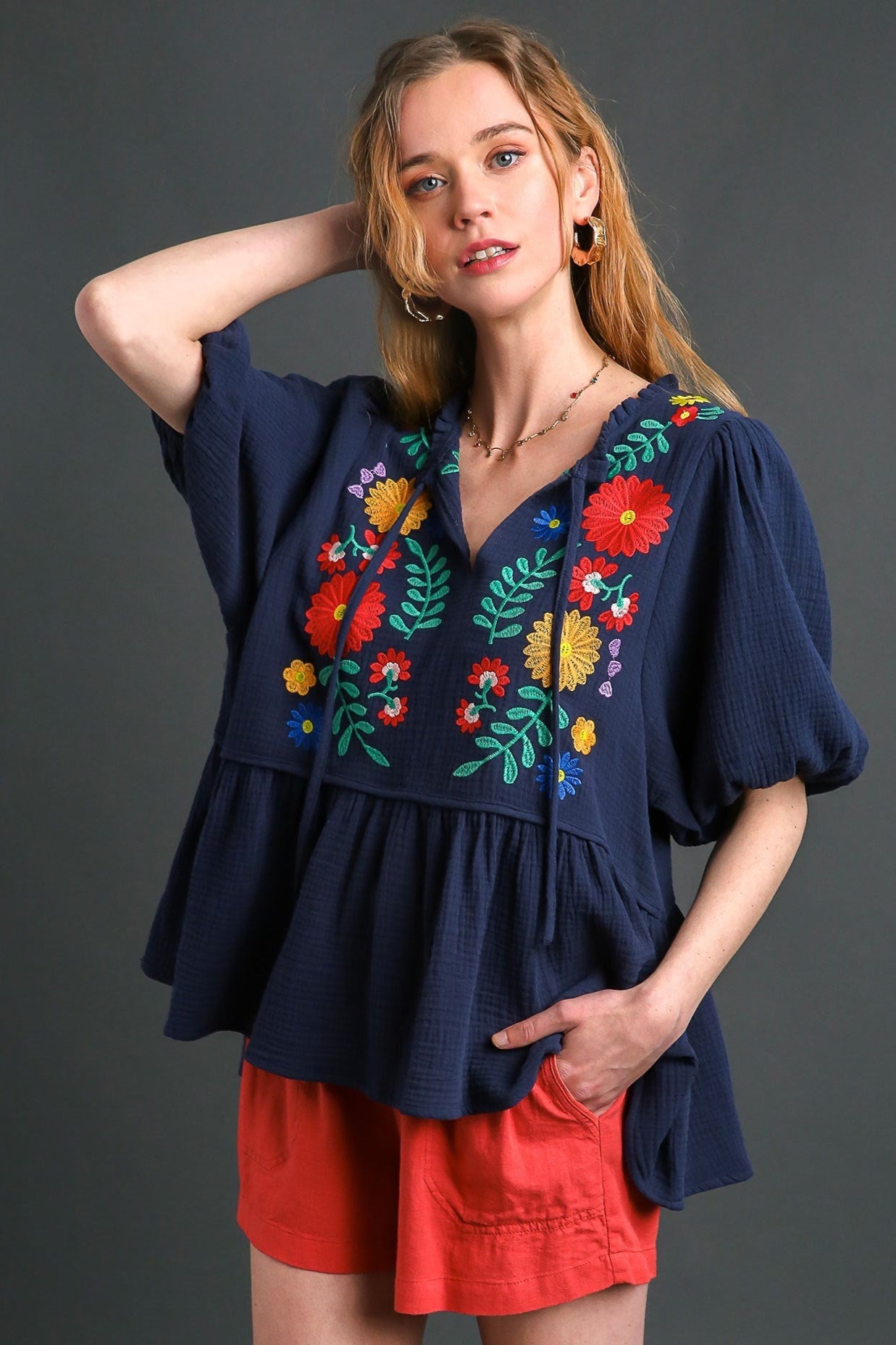 Navy Embroidered Blouse