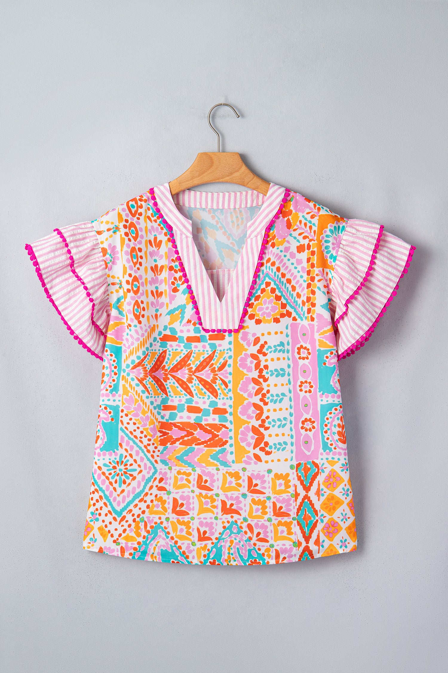 Patchwork Ruffled Sleeve Top (S-3X)